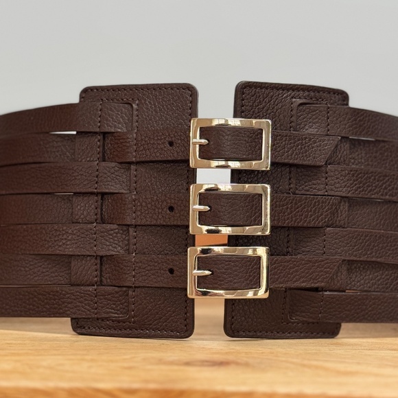 Vaincourt Brown Leather Multi Buckle Multi Strap Wide Waist Belt